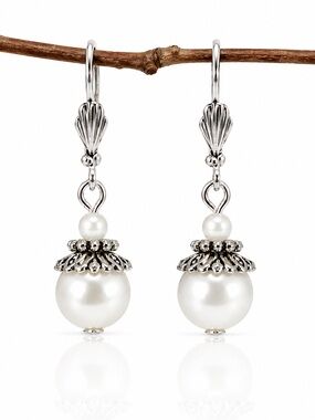 Artisan Silver and White Pearl Drop Earrings. Elegant Romantic Style